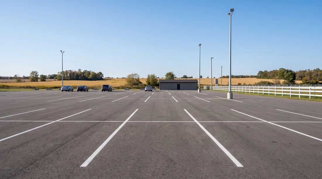 A wide paved parking lot beside a rural racetrack property, a white rail fence and autumn fields beyond.