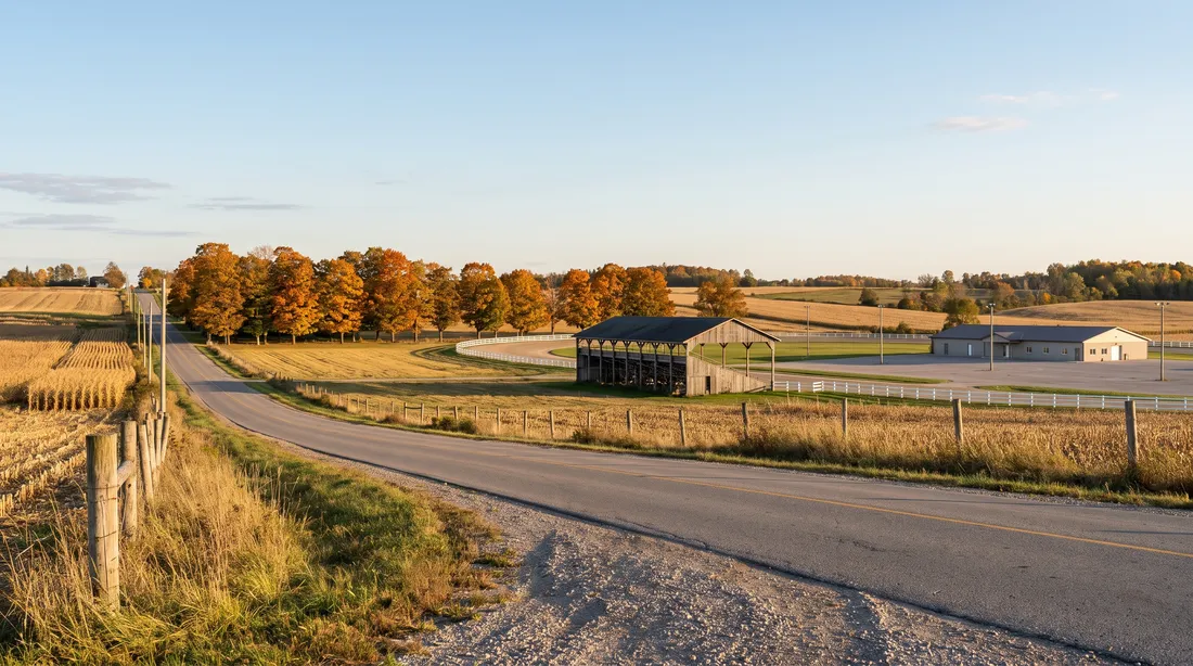 A two-lane county road through autumn farmland toward a racetrack.