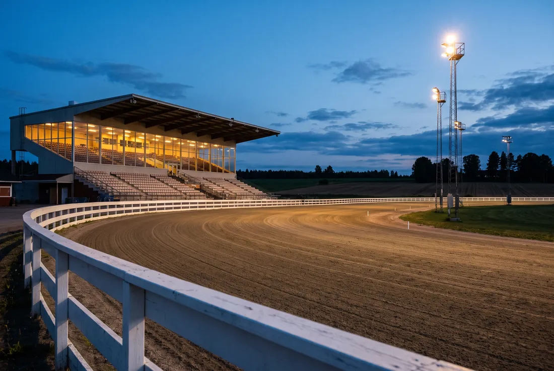 An empty harness racing oval at dusk with a white rail, a lit covered grandstand and light towers.